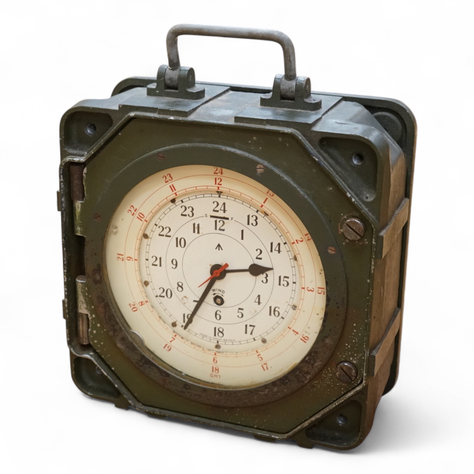 A British military Astral Smiths eight day signal clock, housed in a metal alloy case with detachable cover, 29 x 29 x 12cm